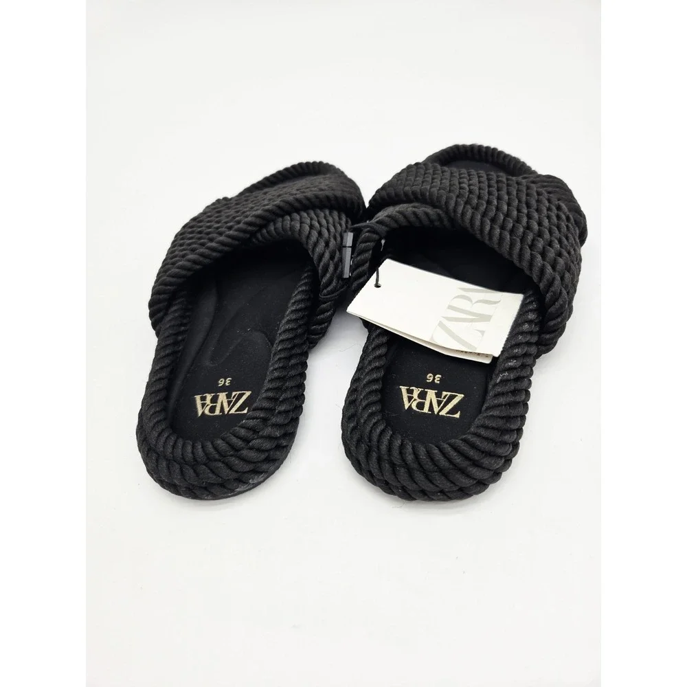Zara Black Rope Slide Sandals Size 36 Coastal Boho Minimalist Beach Vacation - Picture 2 of 4